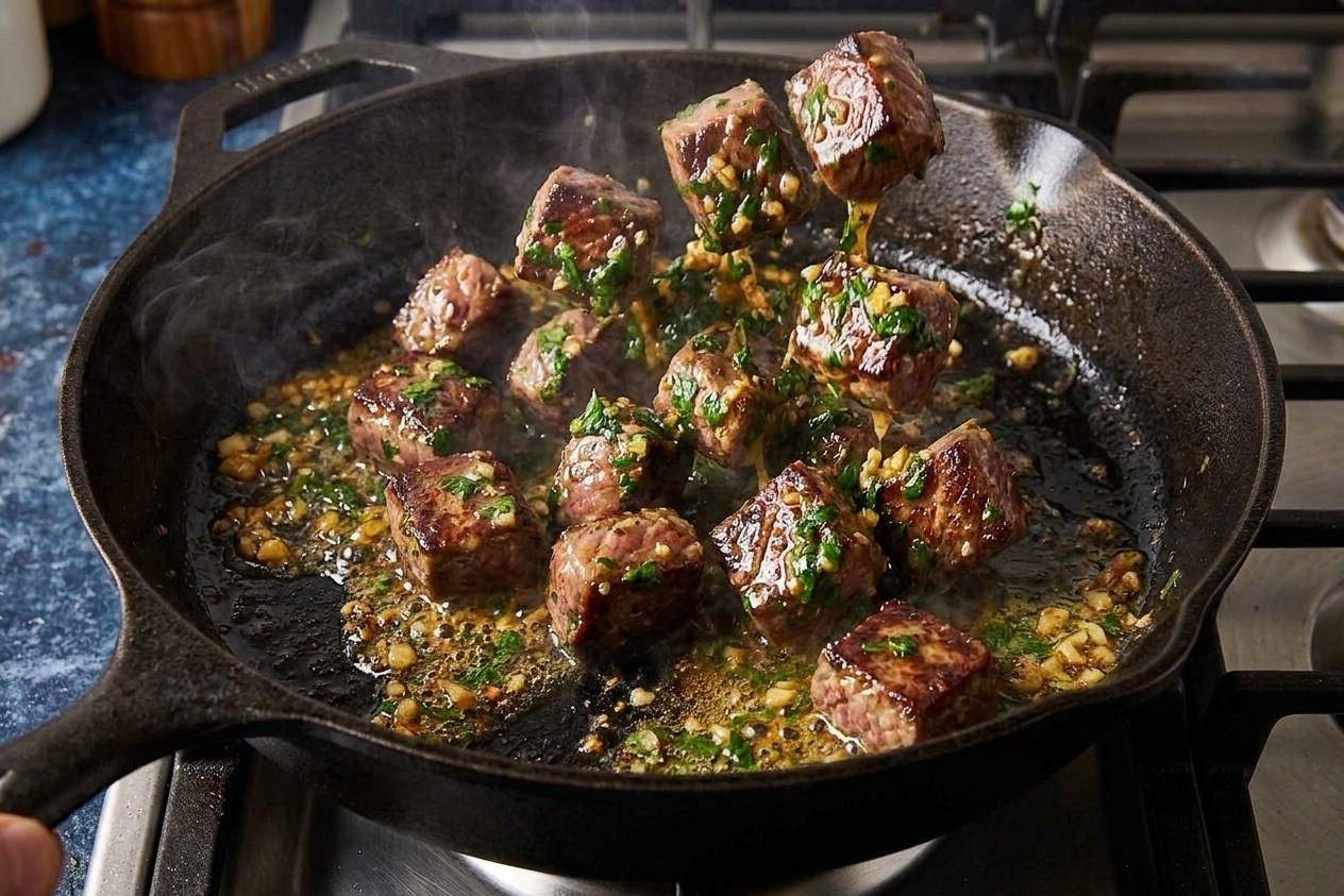 Finished garlic butter steak bites in a skillet being tossed with melted butter, minced garlic, and chopped parsley, with a glossy sauce coating the steak