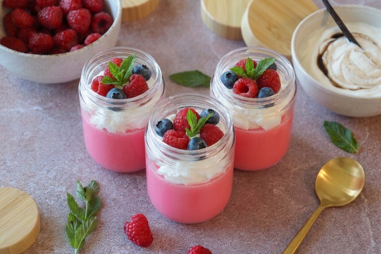 Finished gelatin cups topped with strawberries and blueberries on a kitchen counter, ready to refrigerate