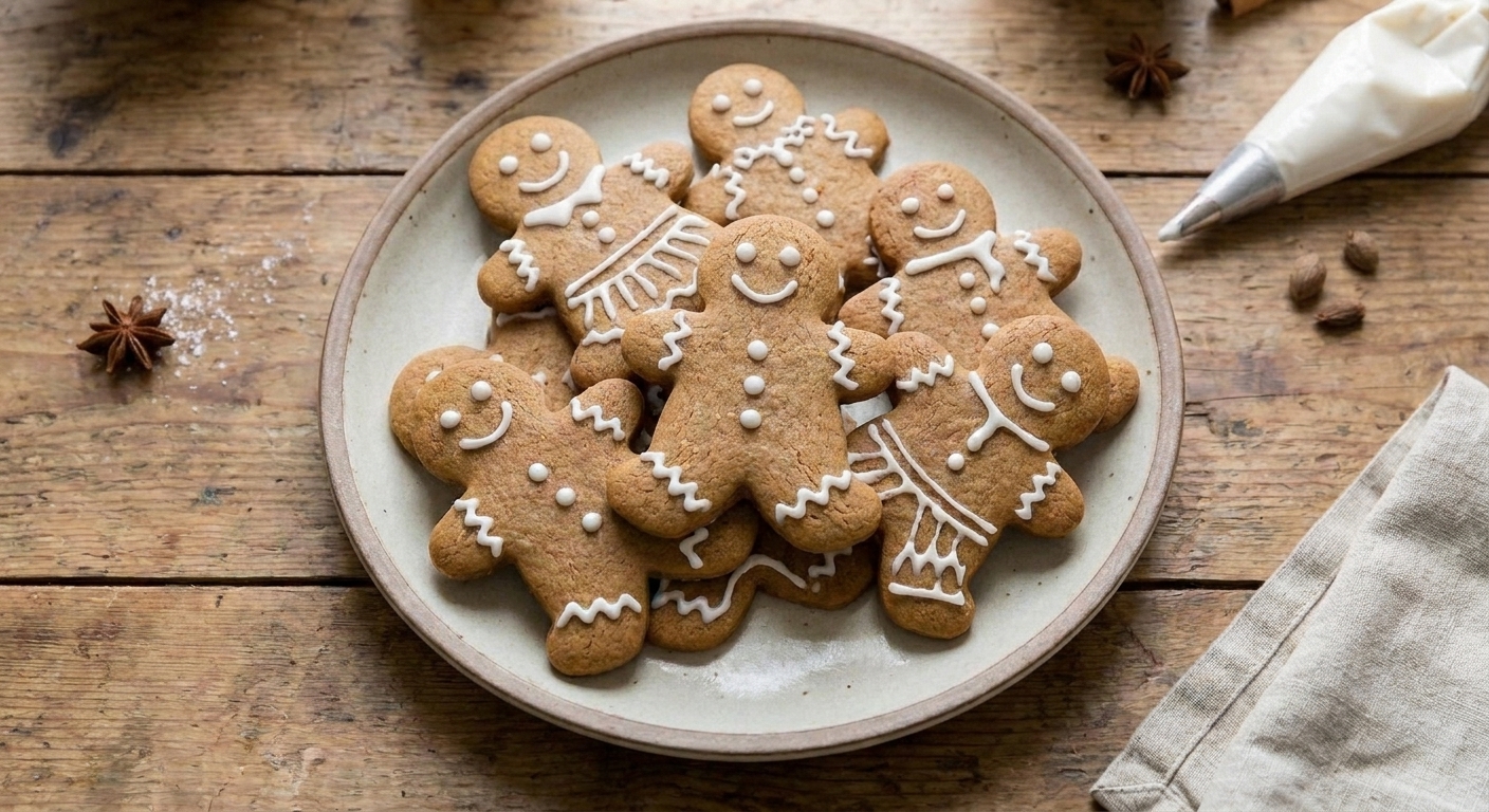 Finished gingerbread men cookies with simple white icing details arranged on a ceramic platter on a dining table