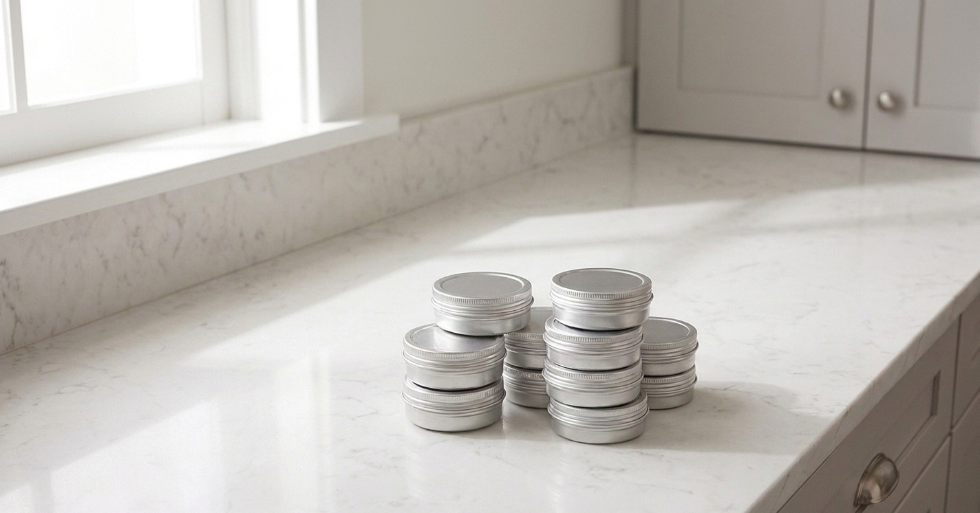 Finished glow lip balm tins closed and neatly stacked on a clean kitchen counter with soft natural light