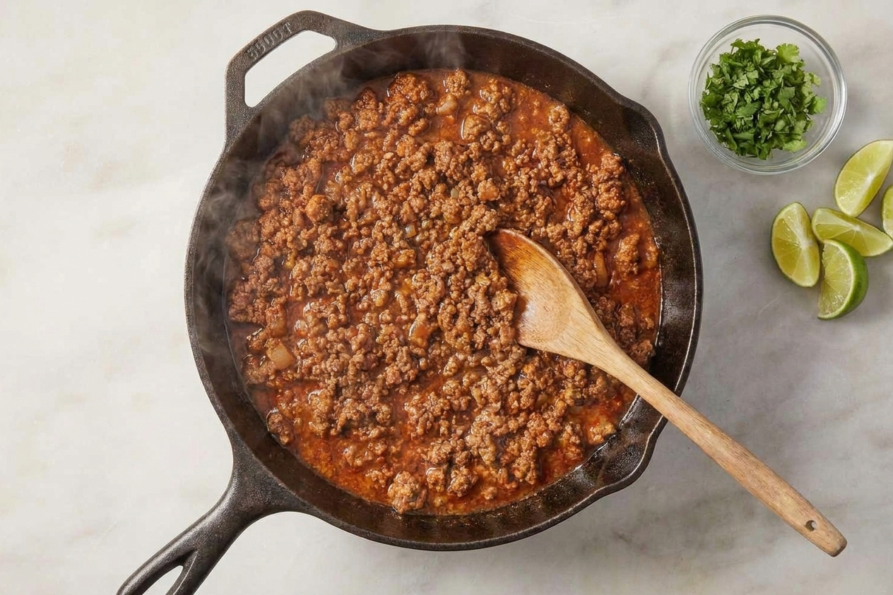 Finished ground taco meat simmered until glossy in a skillet with a lime wedge and chopped cilantro nearby on the counter