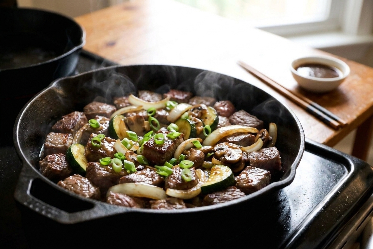 Finished hibachi steak and vegetables in a skillet coated in a glossy soy-butter sauce, sprinkled with sliced scallions