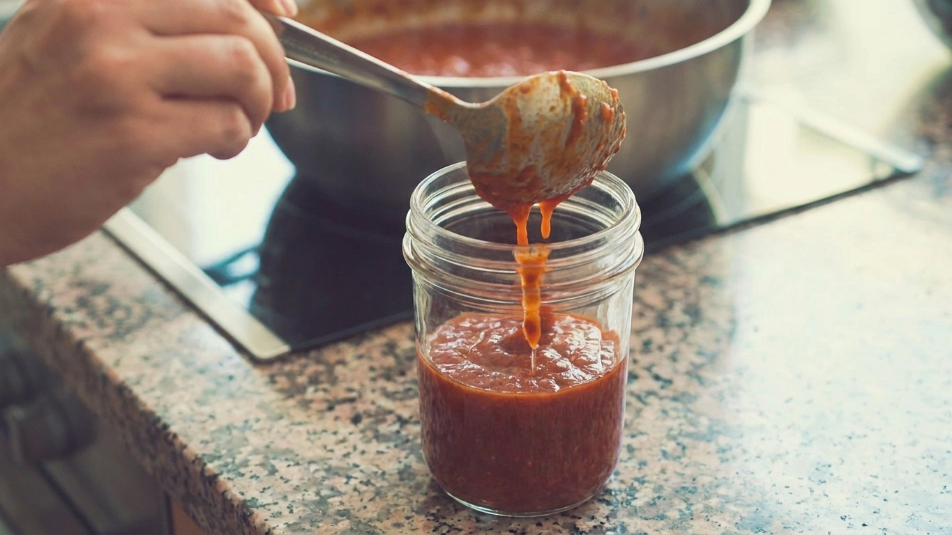 Finished homemade chili sauce spooned into a glass jar on a clean kitchen counter with a few drips on the spoon