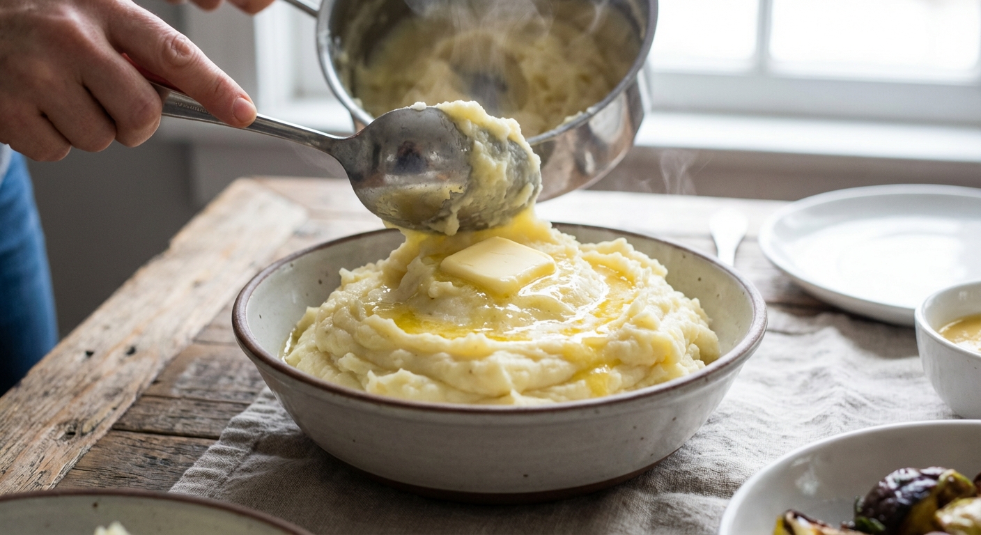 Finished mashed potatoes being spooned into a serving bowl with butter melting on top