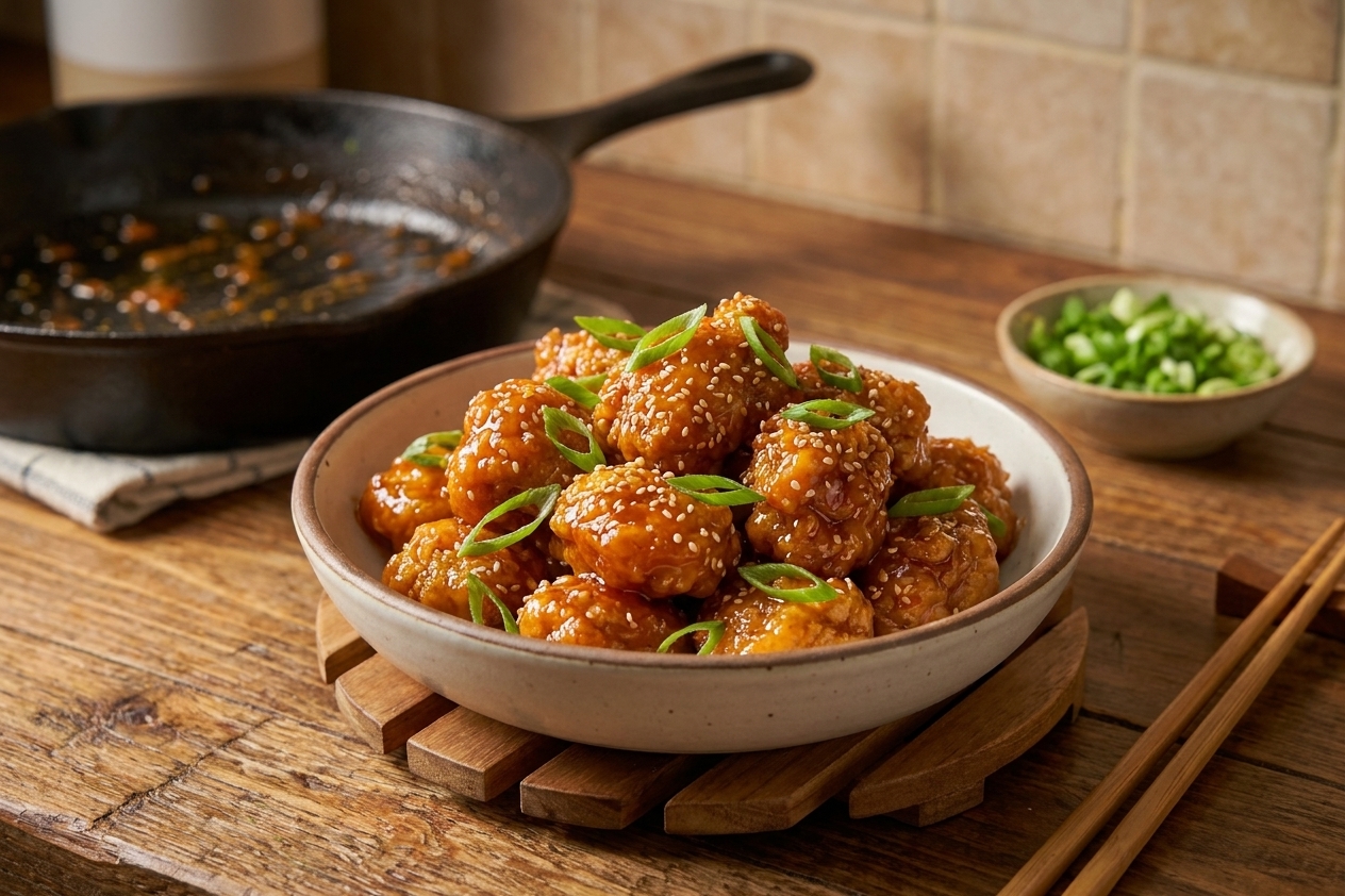Finished orange chicken in a serving bowl, glossy and sticky, topped with sliced scallions and sesame seeds on a kitchen table