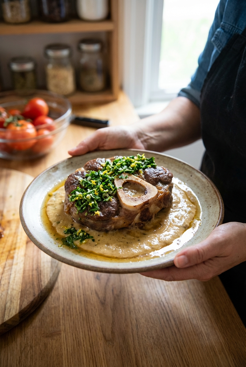 Finished osso buco plated with gremolata on top and a creamy sauce pooled around it