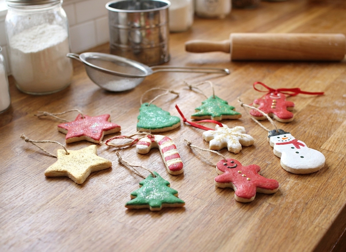 Finished painted salt dough ornaments tied with simple twine and ribbon on a wooden table with soft natural light