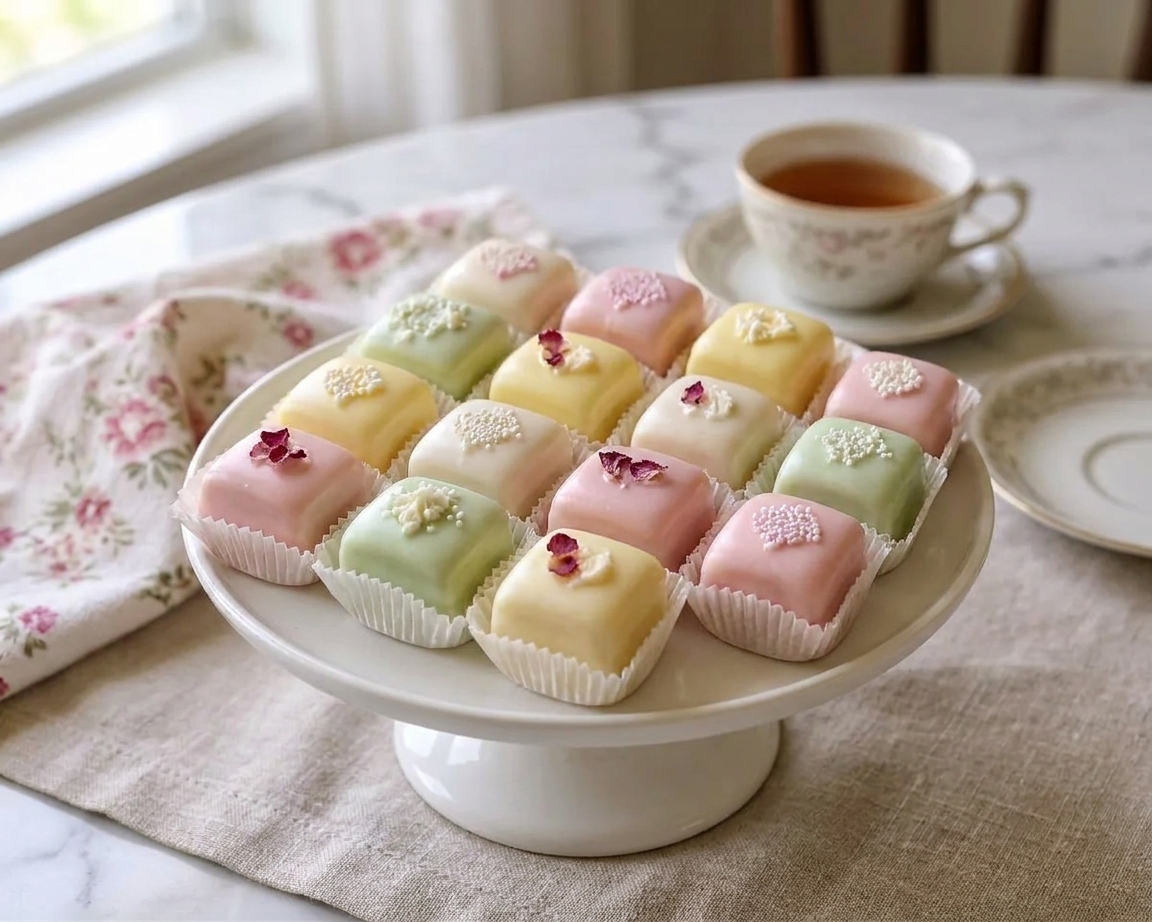 Finished petit fours with smooth icing arranged on a simple dessert stand on a dining table with neutral linens