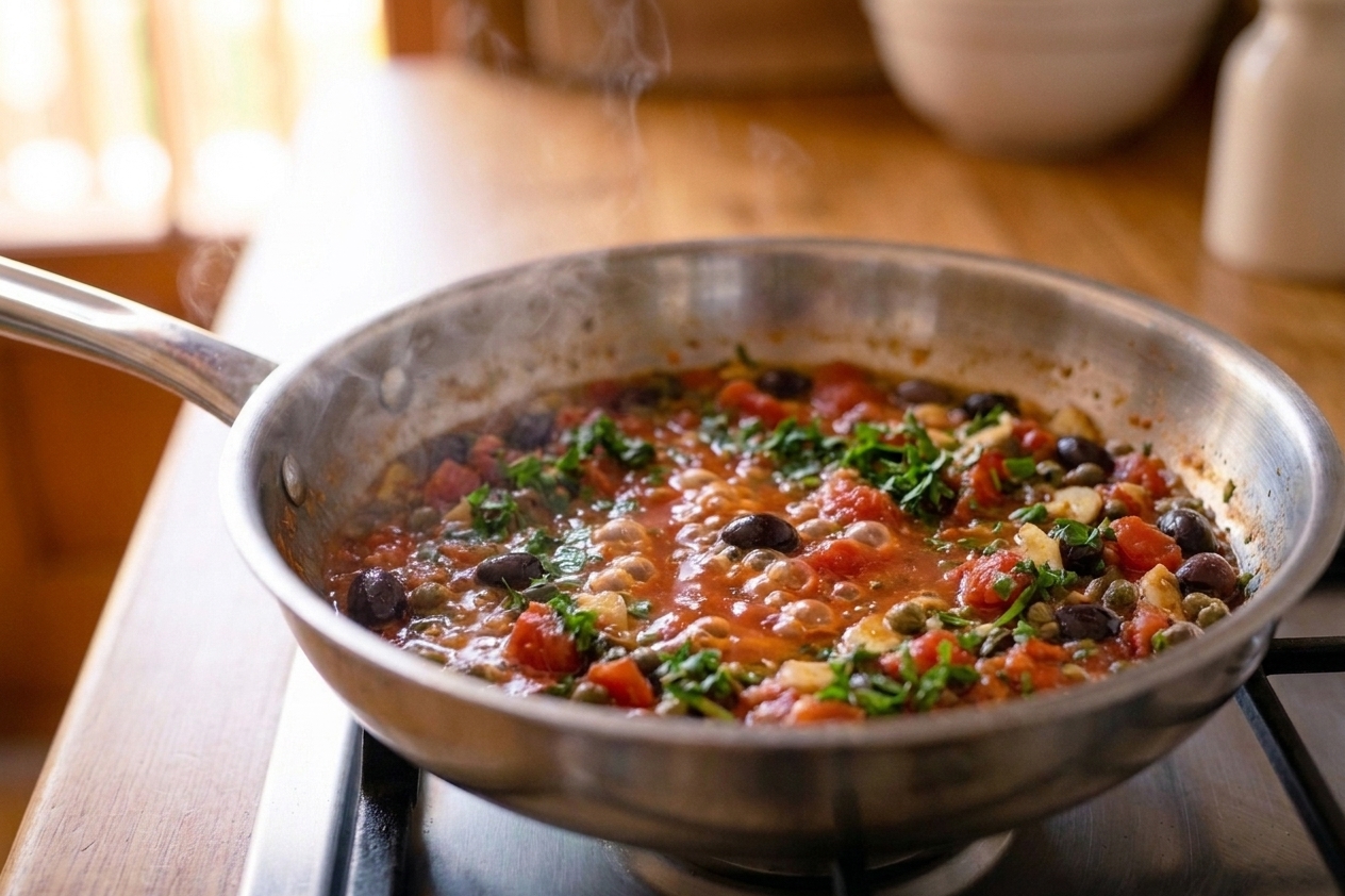 Finished salsa puttanesca bubbling in a skillet with chopped parsley scattered on top