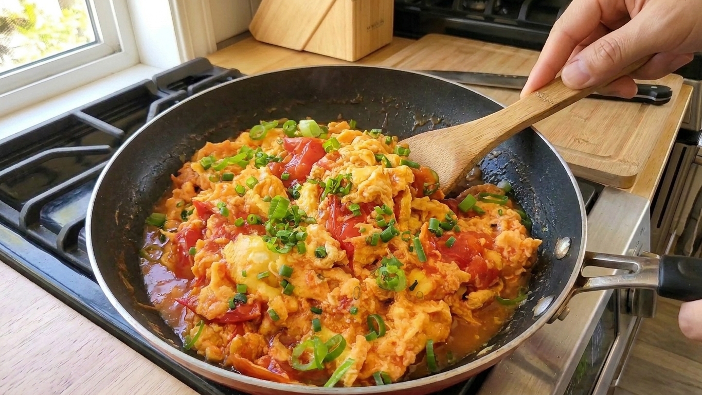 Finished stir-fried tomato and egg in a skillet, glossy red sauce coating fluffy egg curds, scallion greens sprinkled on top