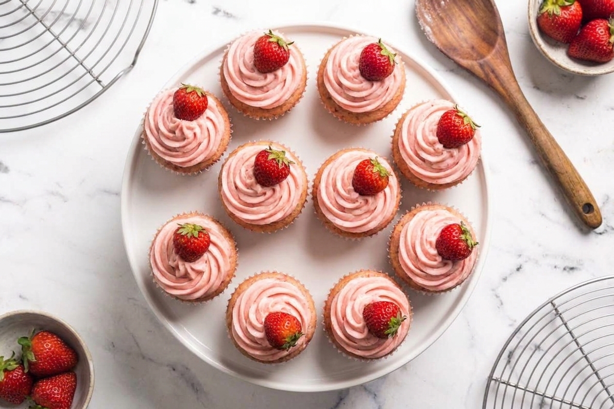 Finished strawberry cupcakes arranged on a simple cake stand, each topped with pink buttercream and a fresh strawberry garnish
