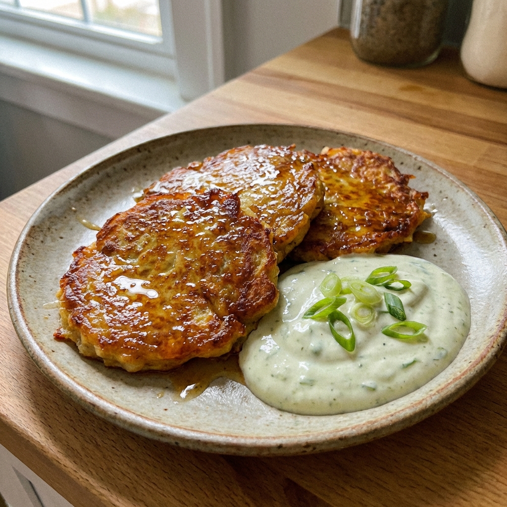 Finished sweet and spicy potato pancakes plated with lime yogurt sauce and sliced scallions