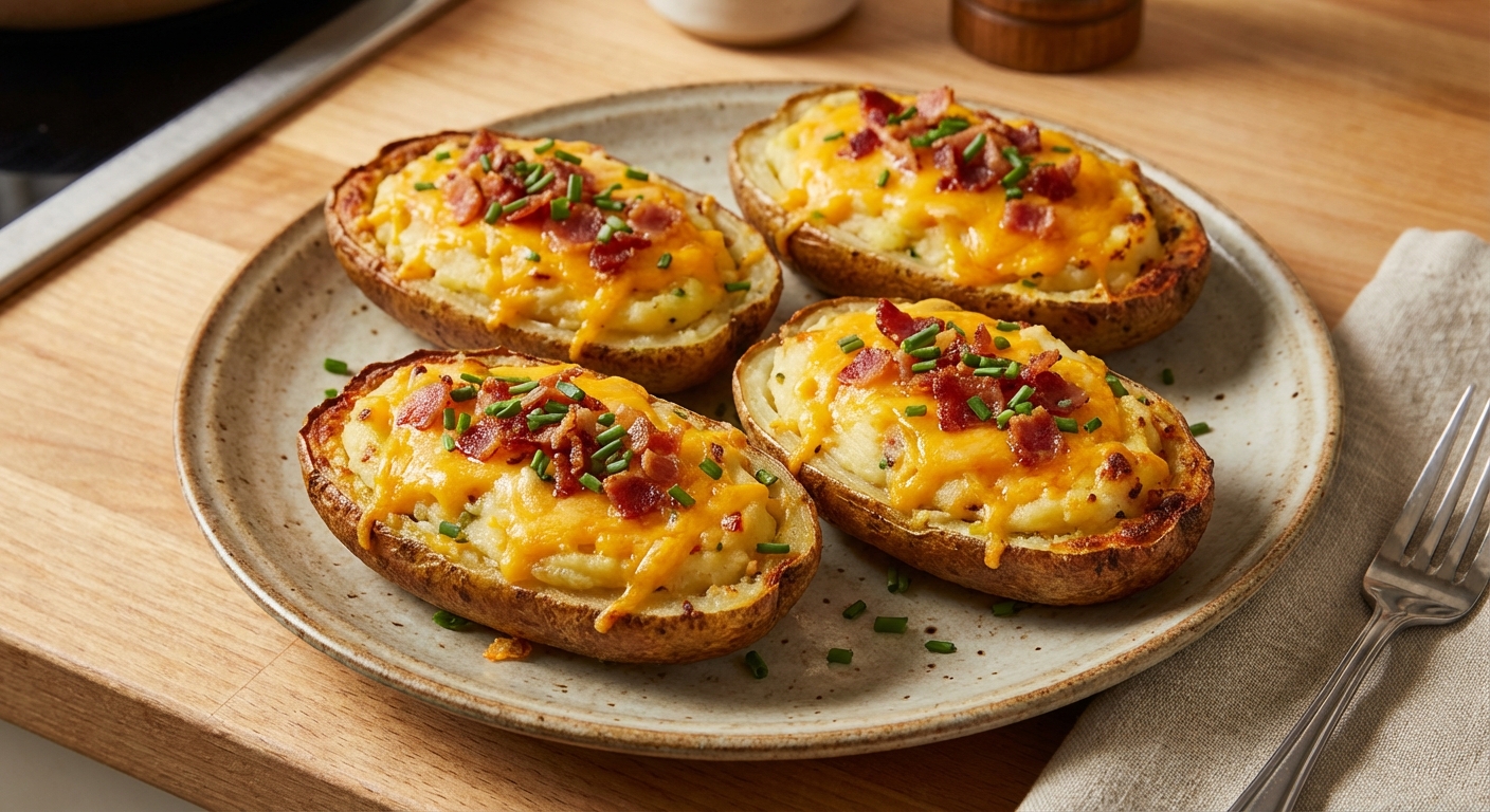 Finished twice baked potato halves on a plate with melted cheddar and crisped edges, ready to serve