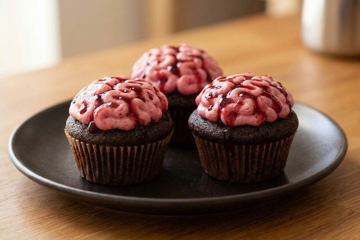 Finished zombie brain cupcakes on a dark plate, with glossy raspberry jam accents tucked into the frosting folds