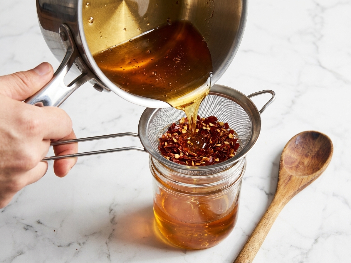 Fire honey being poured through a fine-mesh strainer into a clean glass jar on a kitchen counter