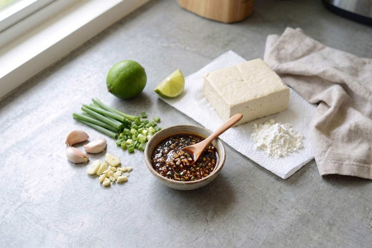 Firm tofu, cornstarch, garlic, scallions, and a lime arranged on a kitchen counter with a small bowl of sweet soy sauce