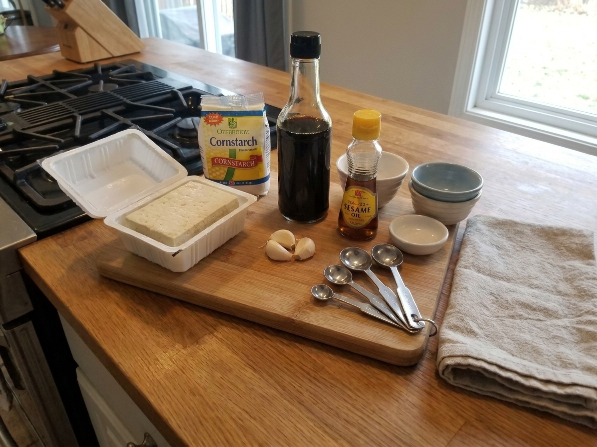 Firm tofu, cornstarch, soy sauce, garlic, and sesame oil arranged on a clean kitchen counter with small bowls and measuring spoons