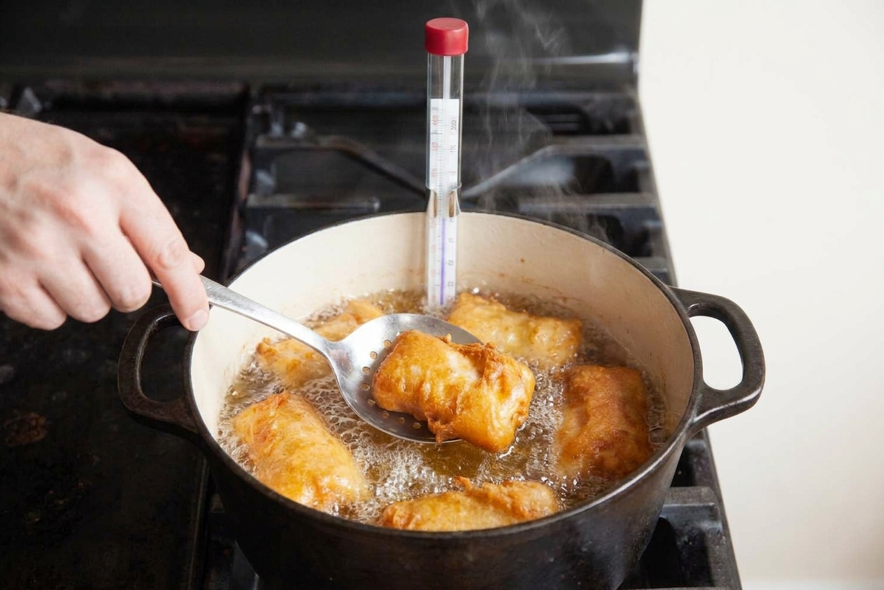 Fish fillets frying in bubbling oil in a deep pot on a stovetop, with a thermometer clipped to the side