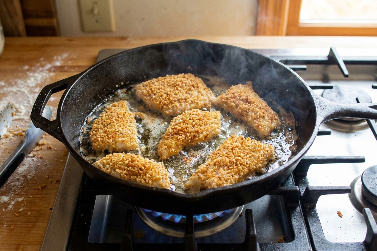 Fish fillets sizzling in hot oil in a cast iron skillet on a home stove, with golden crust forming around the edges