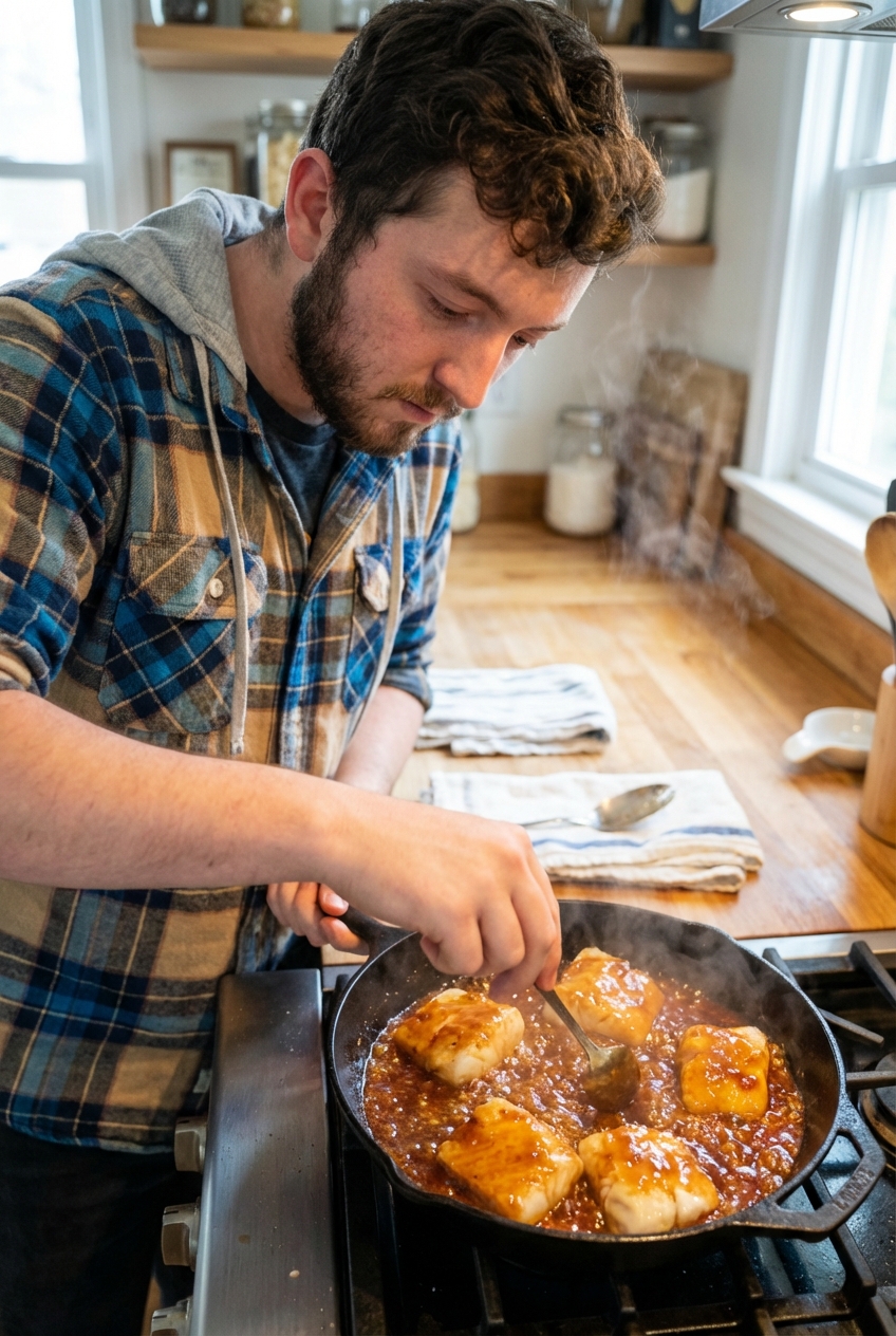 Fish pieces cooking in a skillet with a glossy sweet and spicy glaze bubbling around them