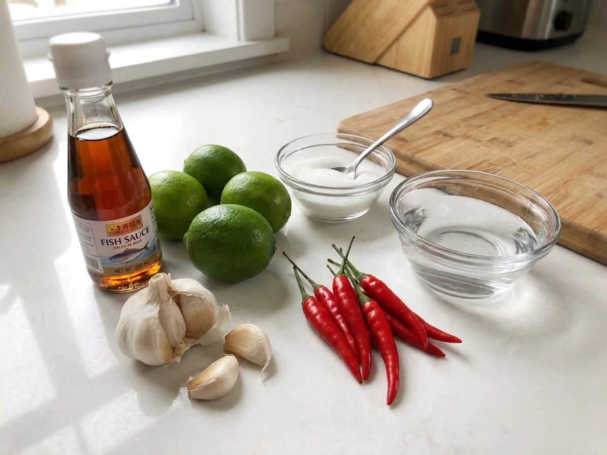 Fish sauce, limes, sugar, garlic cloves, red chiles, and a small bowl of water arranged on a bright kitchen counter