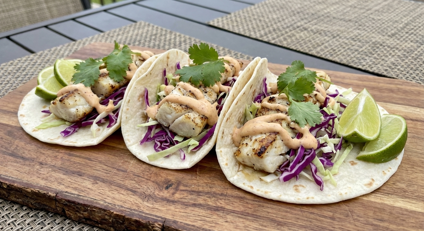 Fish tacos on flour tortillas with shredded cabbage and a creamy sauce