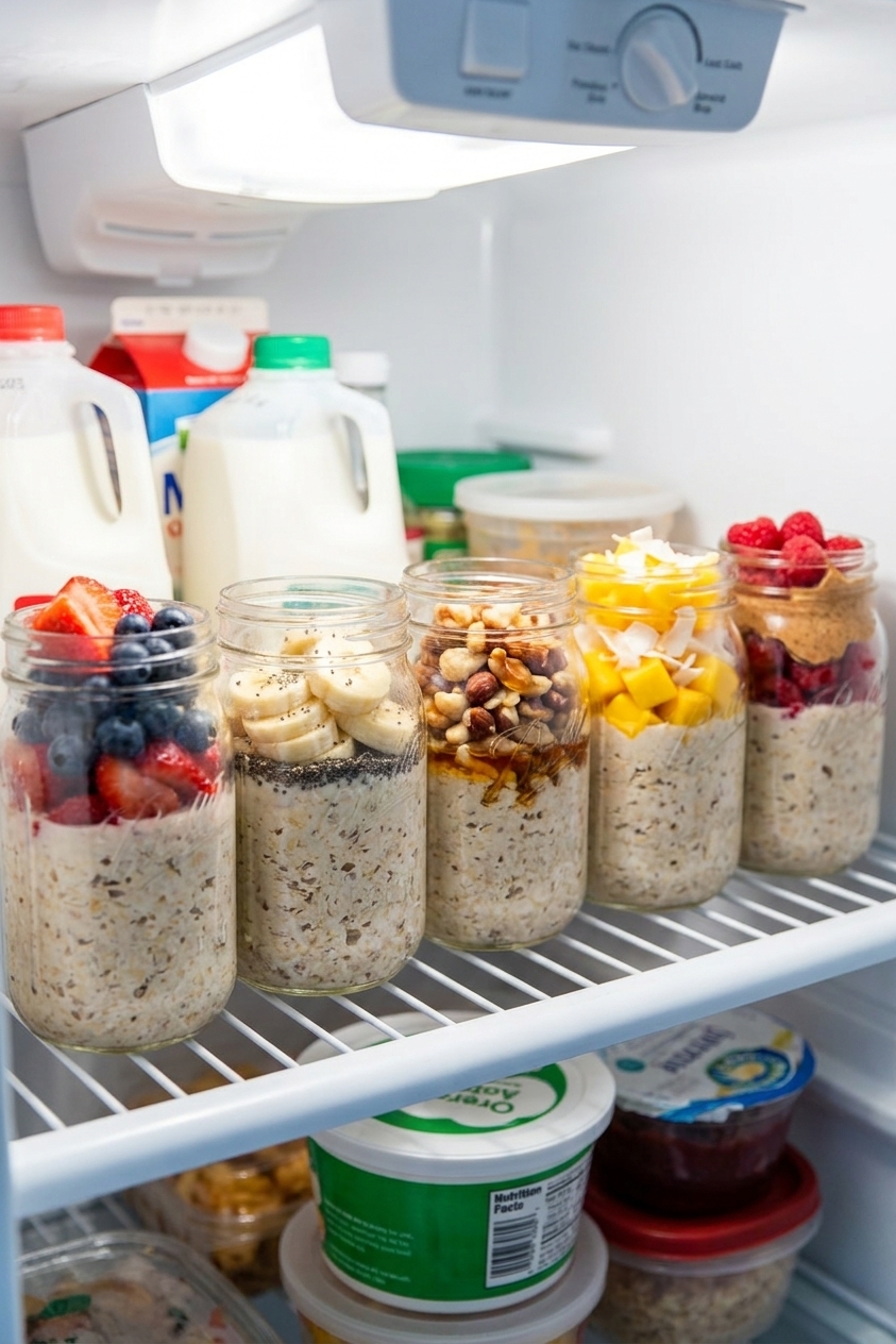 Five glass jars of overnight oats lined up on a refrigerator shelf with different toppings like berries, sliced bananas, and nuts, real food photography