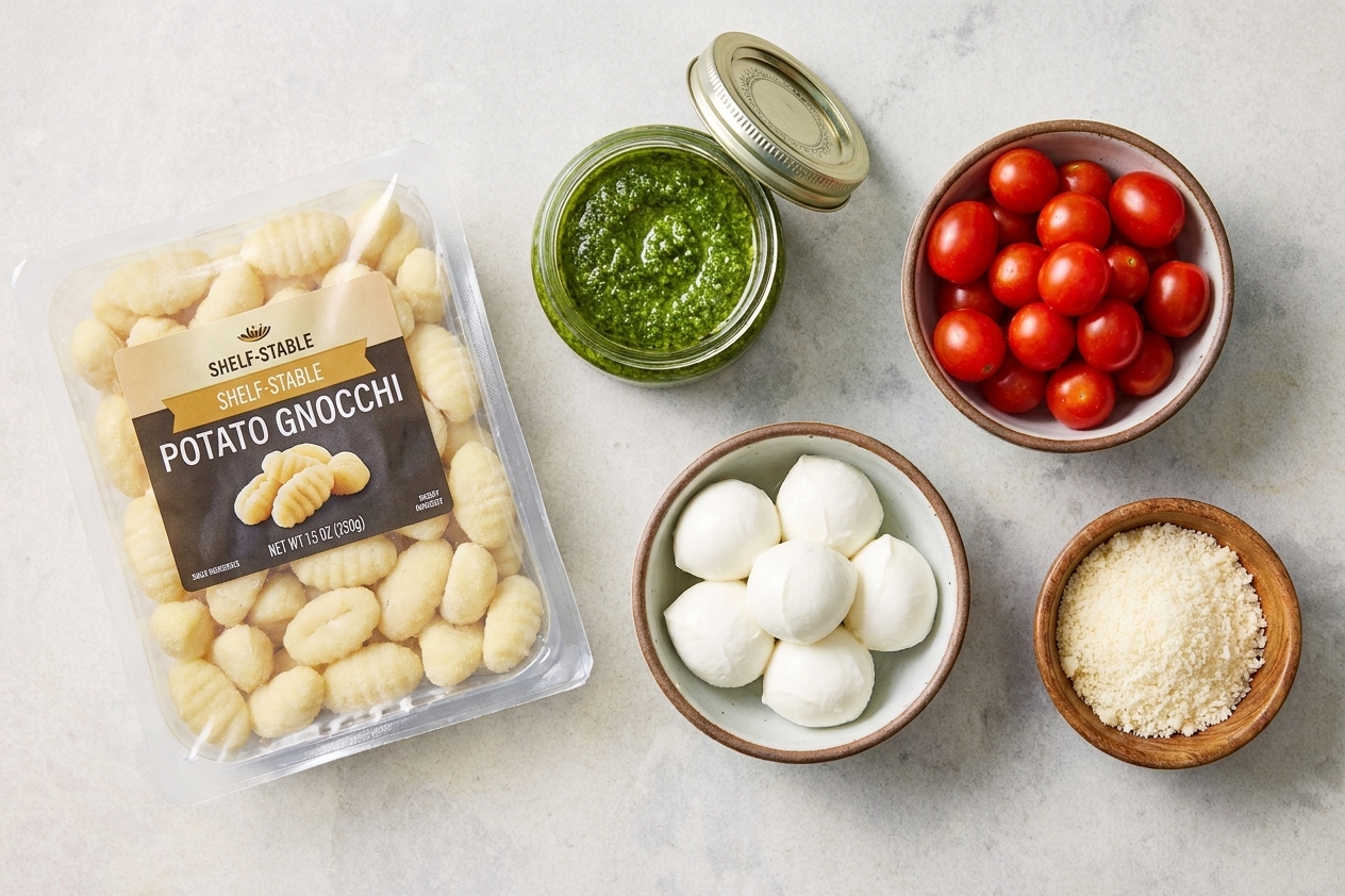 Five simple ingredients on a light stone countertop: shelf-stable potato gnocchi, a jar of basil pesto, cherry tomatoes, fresh mozzarella, and grated Parmesan in small bowls