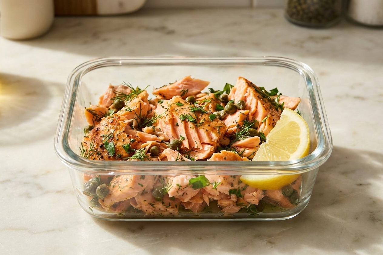 Flaked leftover salmon in a clear glass meal prep container with a lemon wedge and herbs, sitting on a tidy kitchen counter in warm natural light