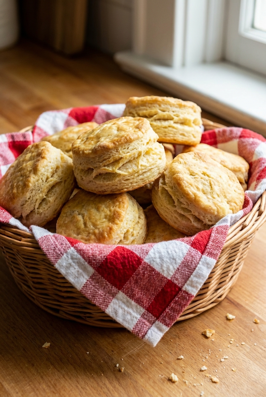 Flaky buttermilk biscuits stacked in a basket lined with a kitchen towel