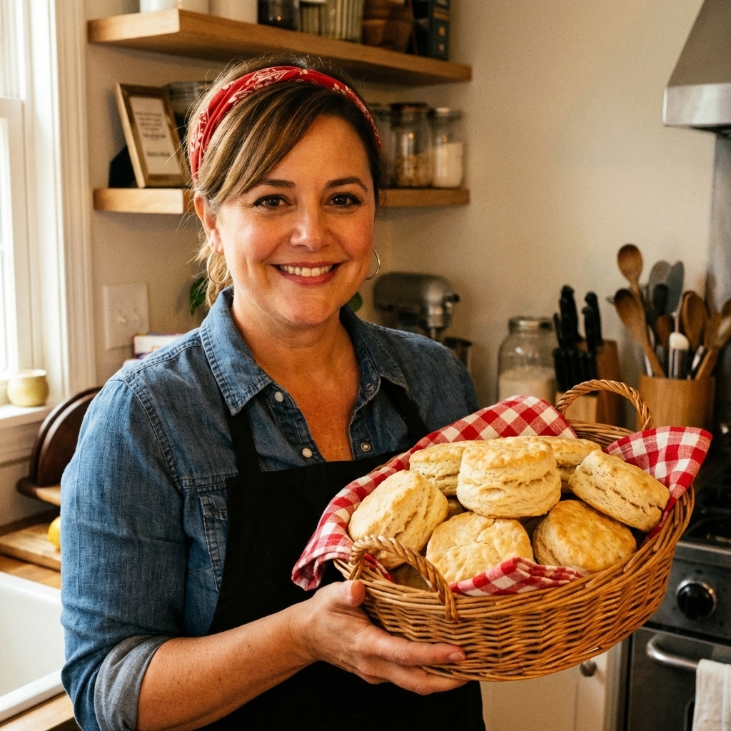 Flaky buttermilk biscuits stacked in a basket with a cloth liner
