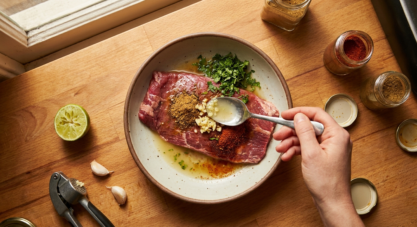 Flank steak in a shallow bowl with lime juice, minced garlic, and spices being mixed with a spoon on a kitchen counter