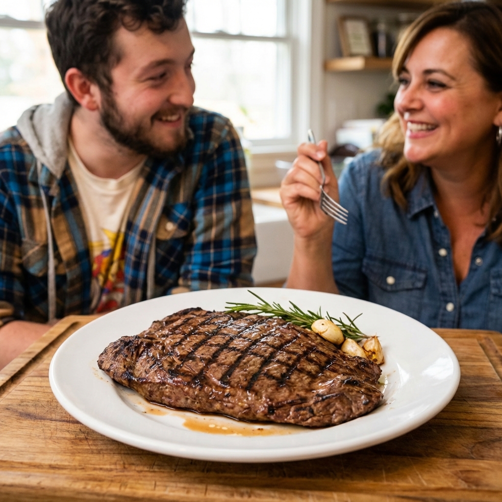 Flank steak resting on a plate after grilling with visible char marks