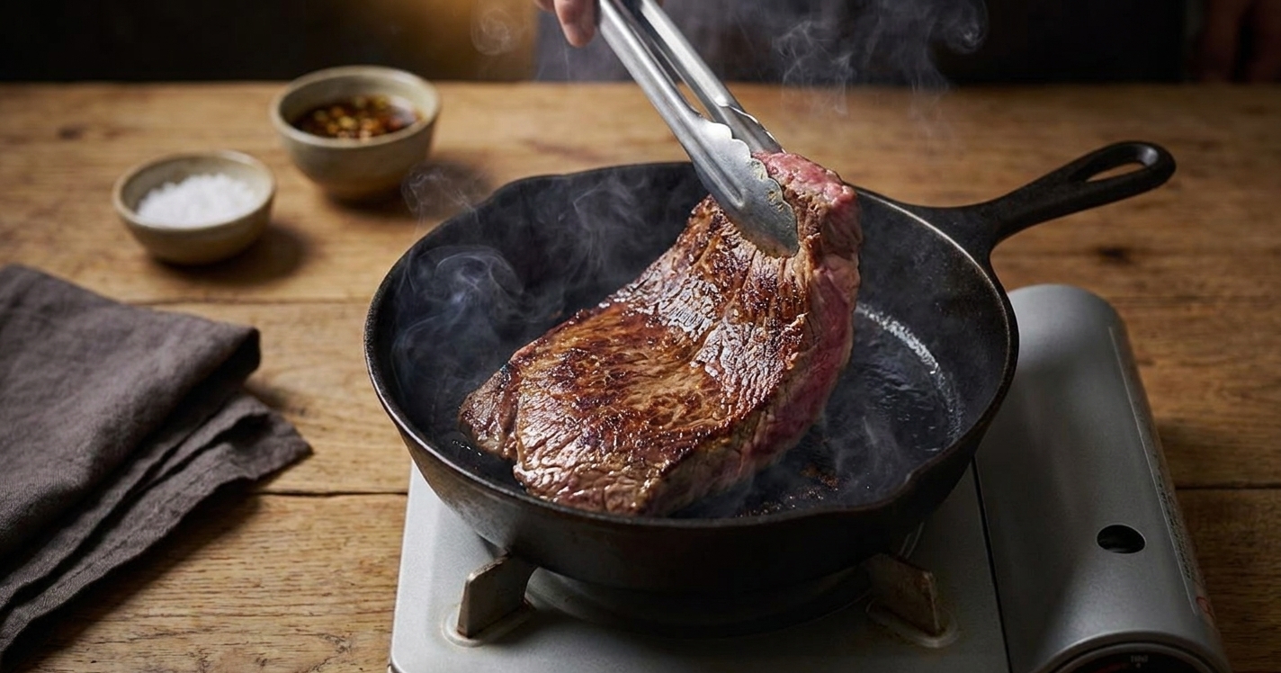 Flank steak searing in a hot skillet with browned edges, tongs turning the steak, and a clean kitchen counter in the background