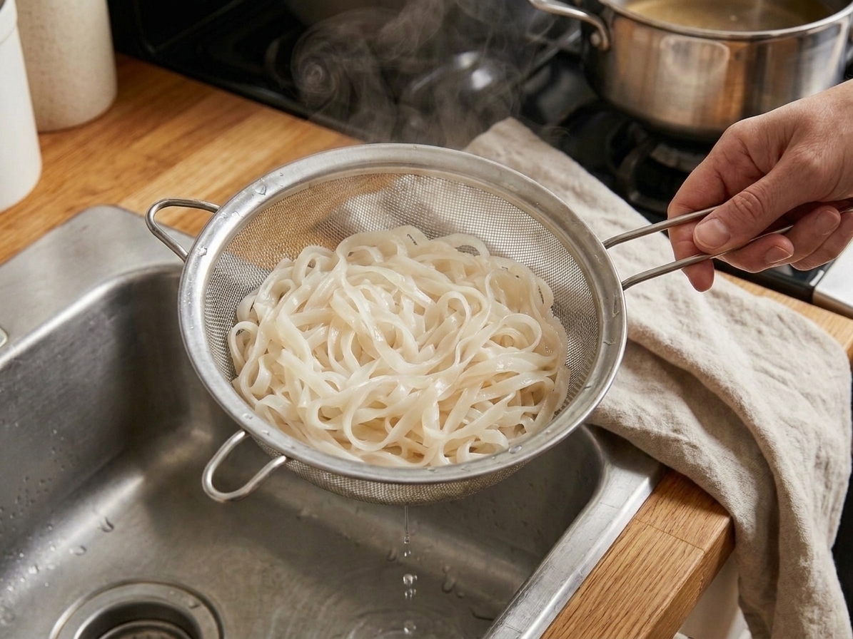 Flat rice noodles draining in a colander in a kitchen sink with steam rising