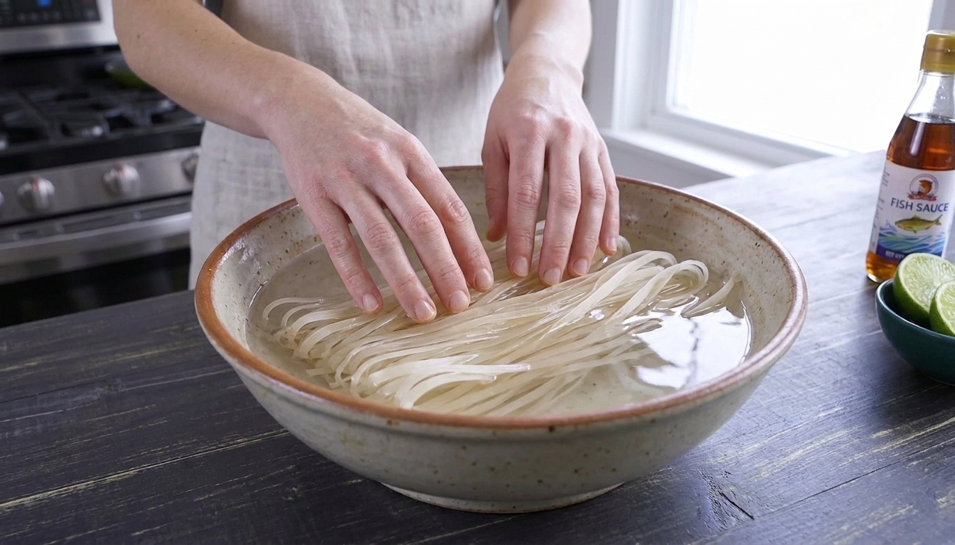 Flat rice noodles soaking in warm water in a large bowl on a kitchen counter