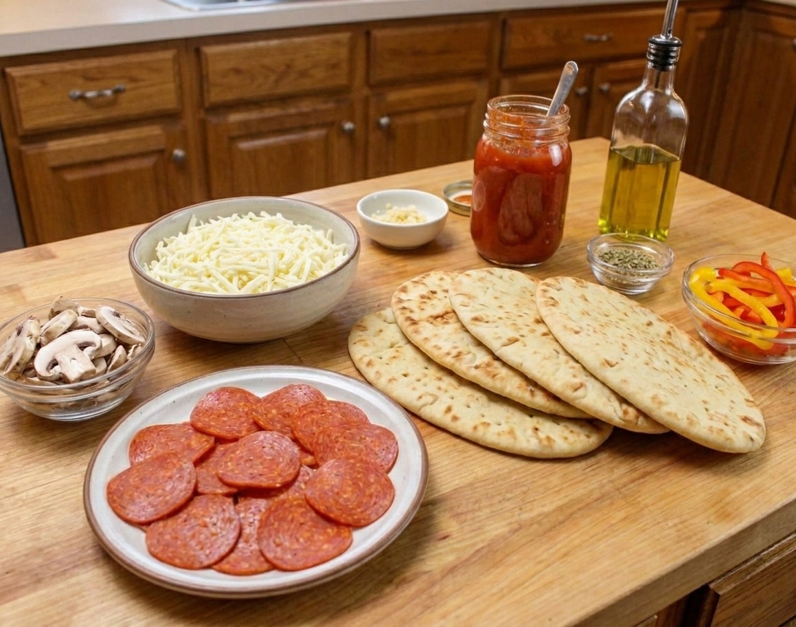 Flatbreads, shredded mozzarella, pepperoni, sliced mushrooms, bell peppers, jarred tomato sauce, garlic, olive oil, and dried oregano arranged on a clean kitchen counter in natural light
