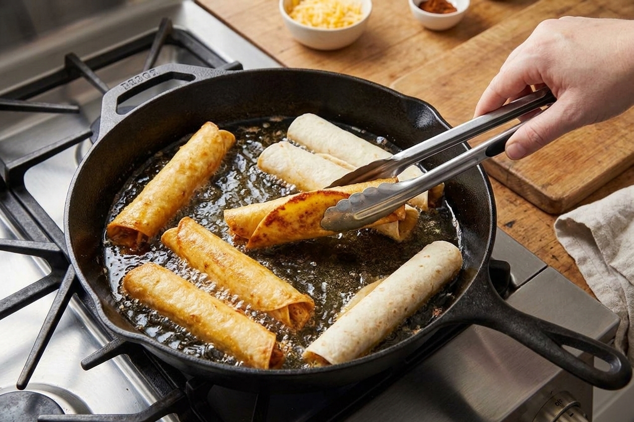 Flautas bubbling in hot oil in a skillet while a hand uses tongs to turn one golden roll