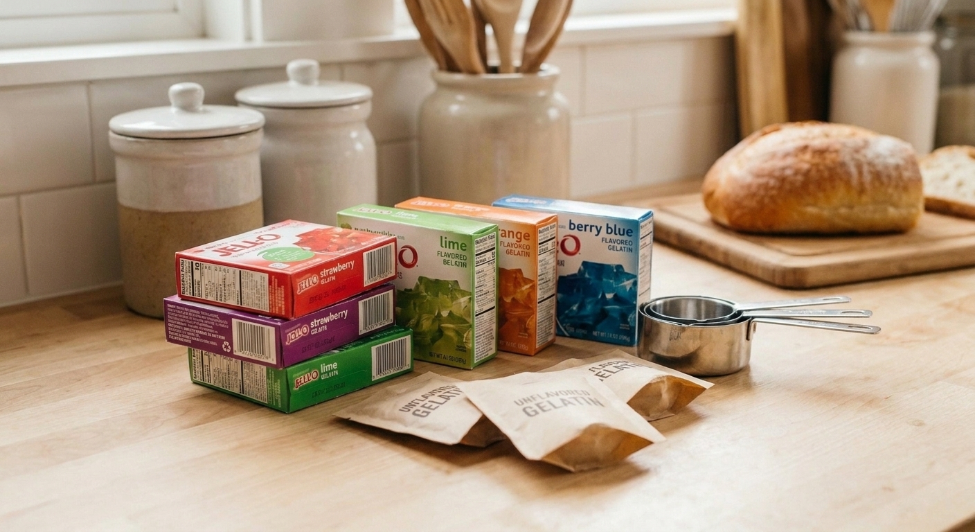 Flavored gelatin boxes and unflavored gelatin packets set on a clean kitchen counter beside measuring cups