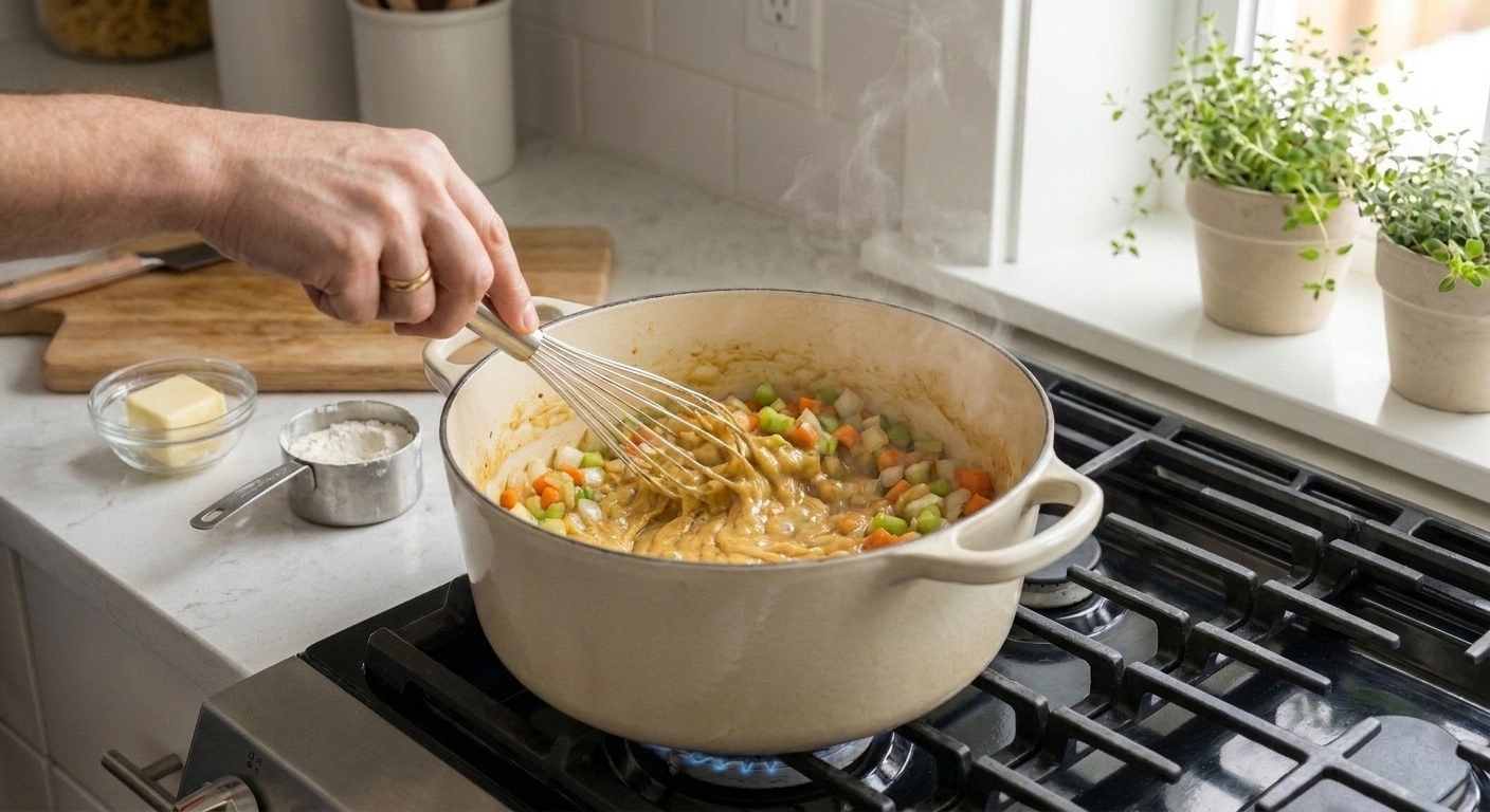Flour and butter mixture forming a thick roux with sautéed vegetables in a pot, being stirred with a whisk