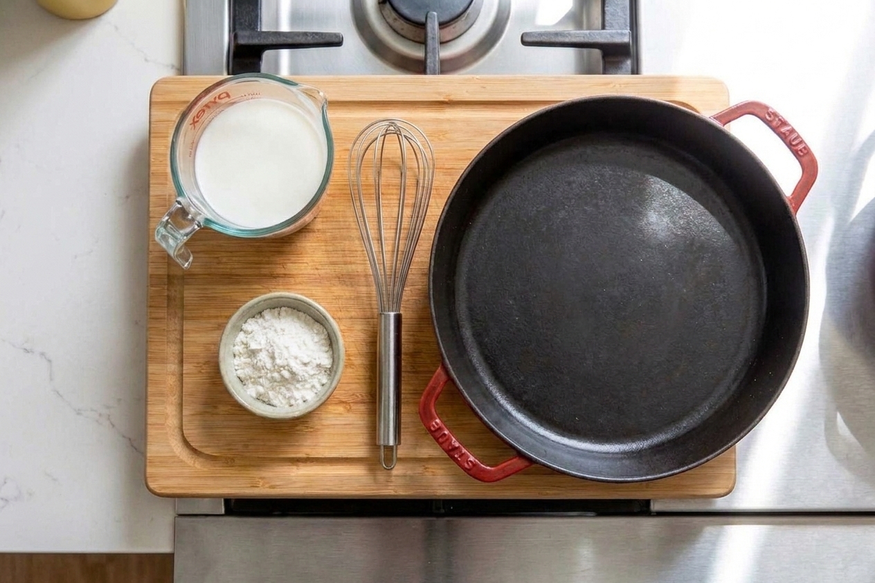Flour and milk measured out next to a whisk and a large skillet on a bright kitchen counter