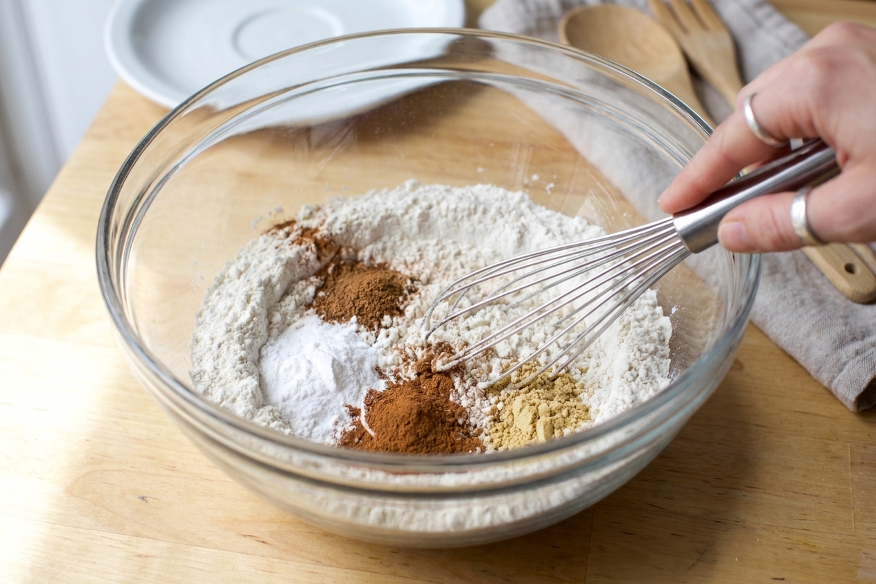 Flour, baking powder, and warm spices whisked together in a glass bowl on a bright kitchen counter