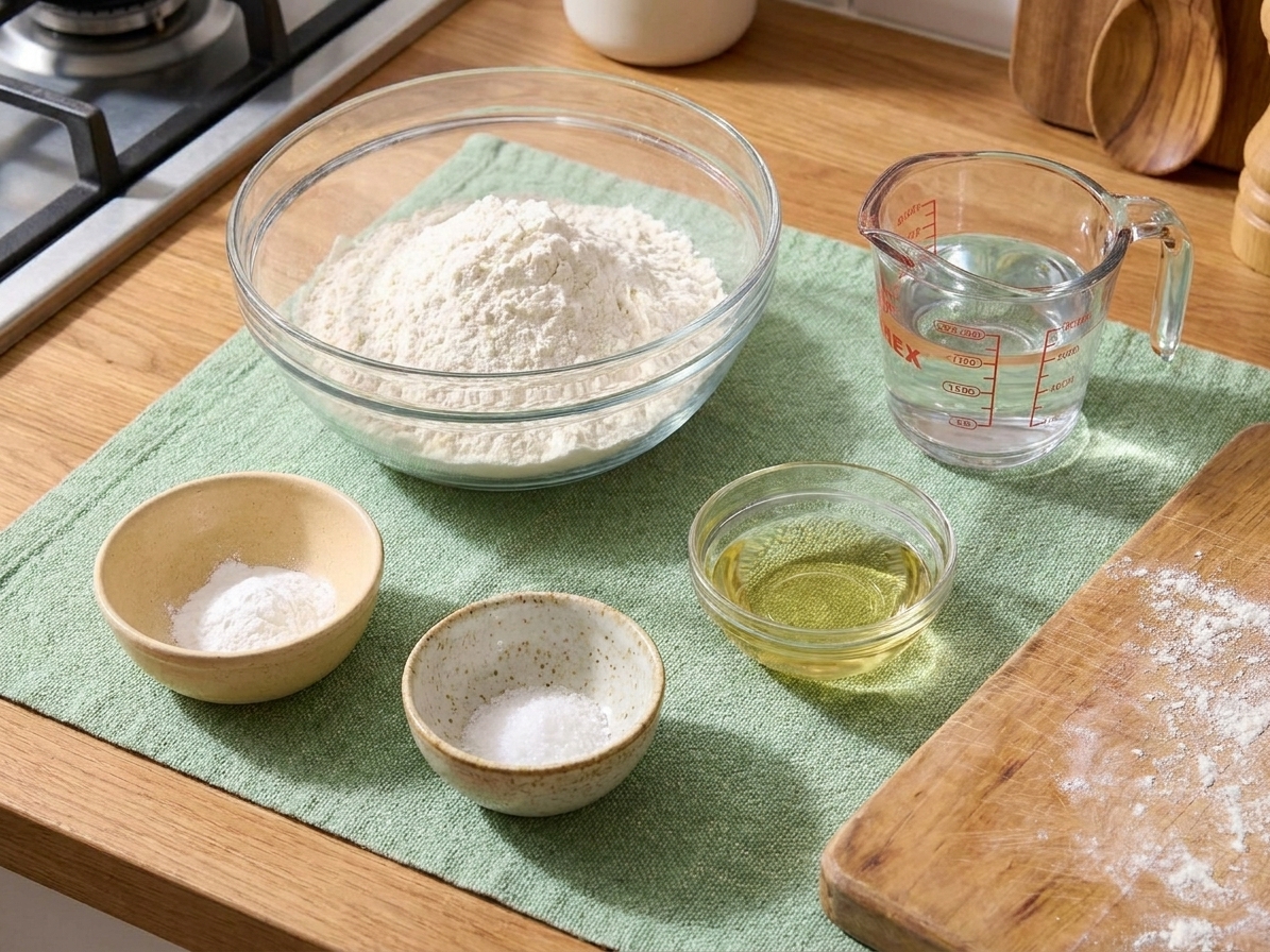 Flour, baking powder, salt, a small bowl of neutral oil, and a measuring cup of warm water arranged on a bright kitchen counter