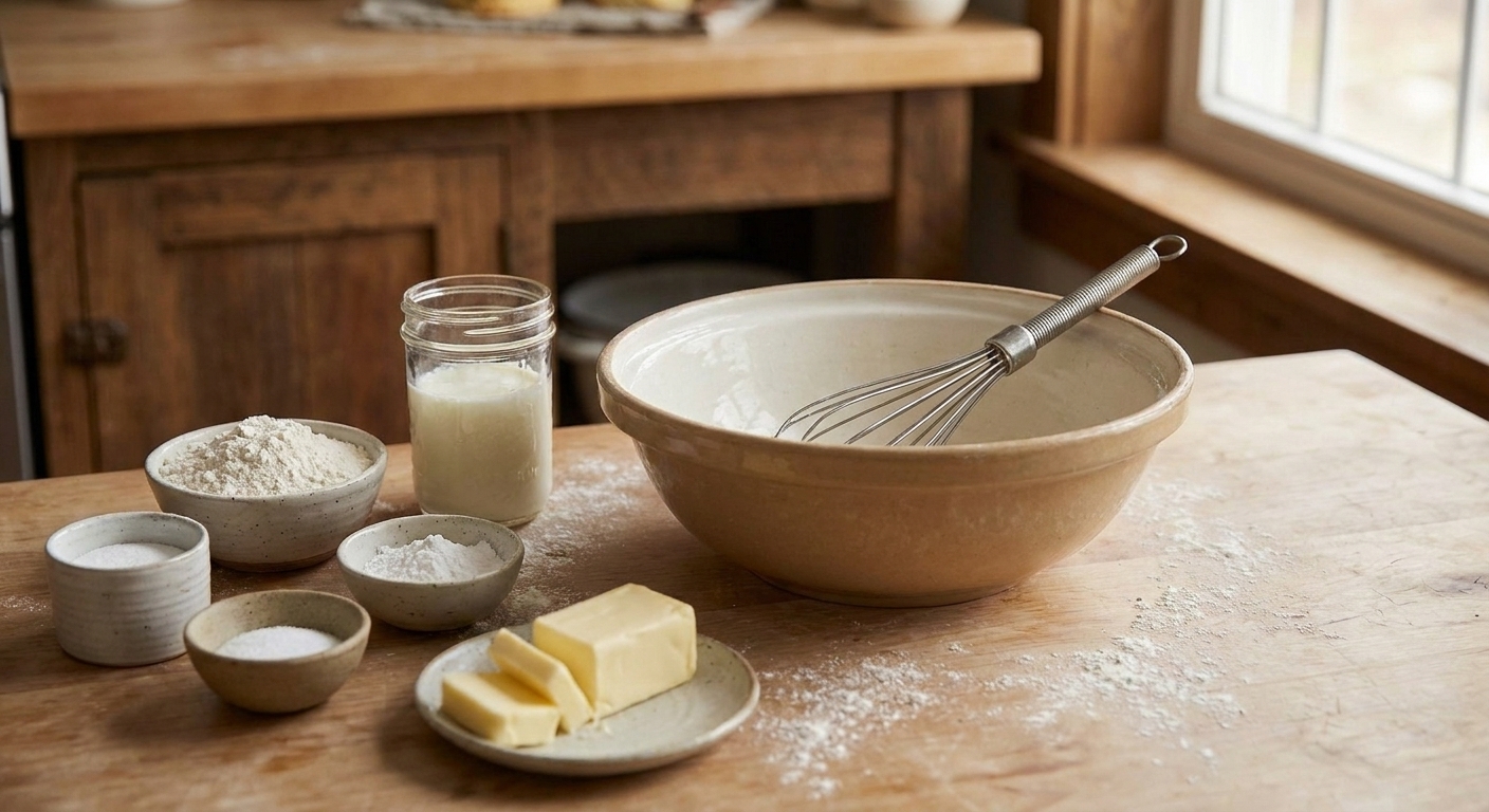 Flour, baking powder, salt, butter, and buttermilk measured out on a clean kitchen counter beside a mixing bowl and whisk