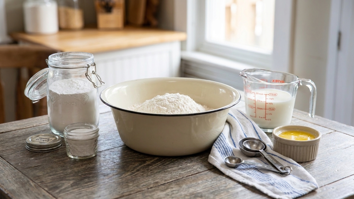 Flour, baking powder, salt, melted butter, and a cup of milk arranged on a clean kitchen counter with measuring spoons