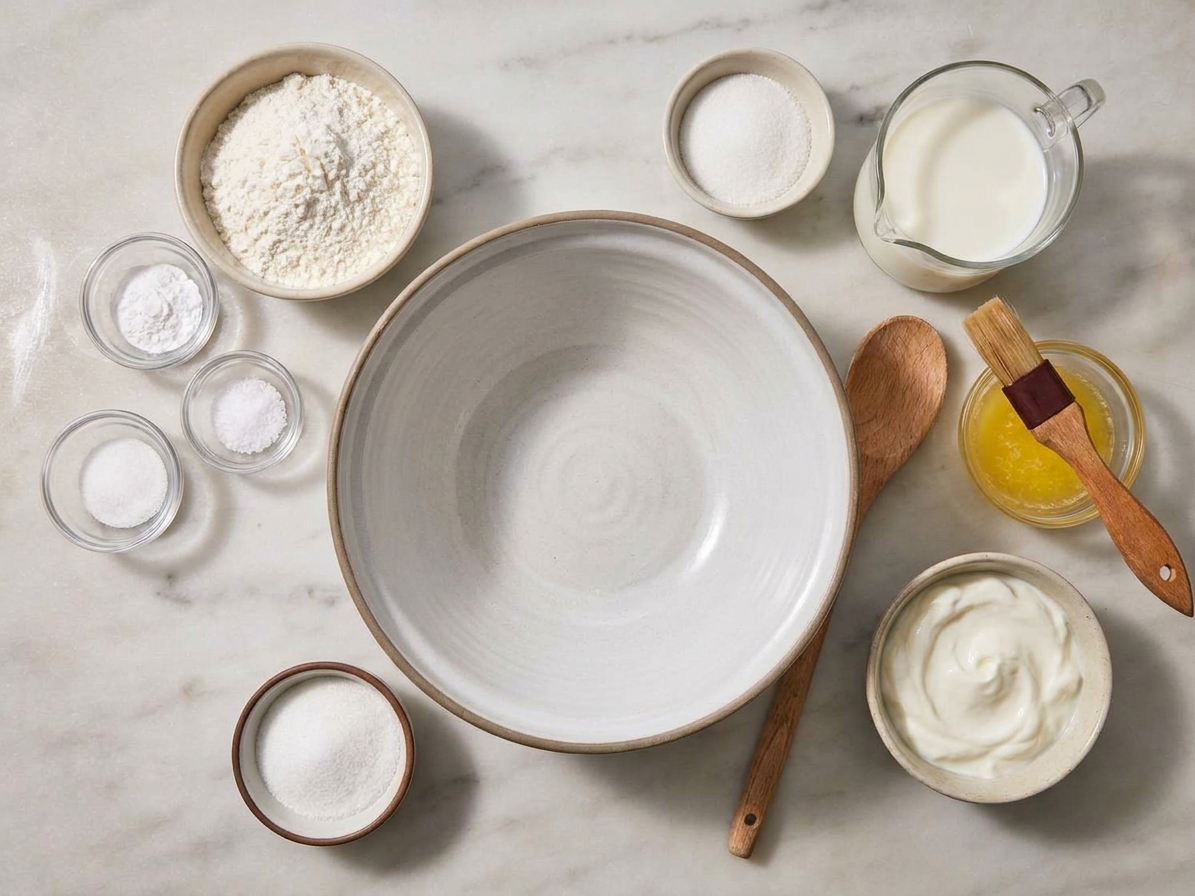 Flour, baking powder, salt, sugar, milk, melted butter, and a bowl of yogurt arranged on a clean kitchen counter, ready for mixing