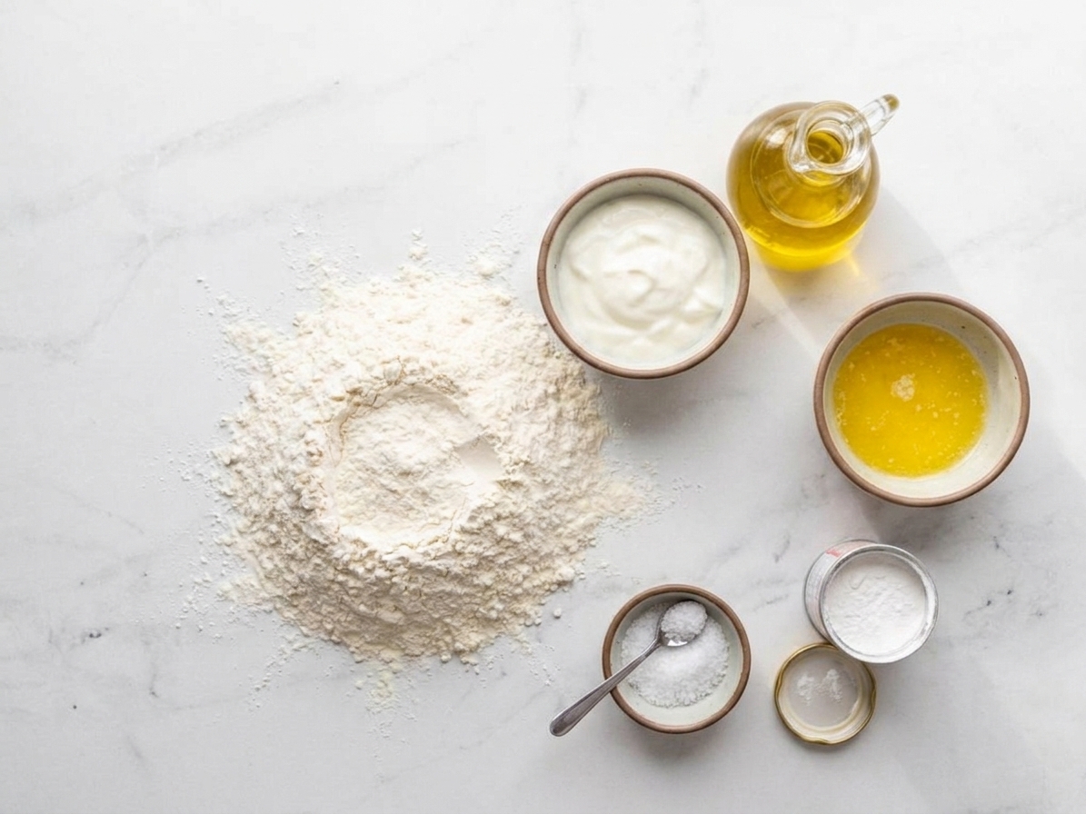 Flour, baking powder, salt, yogurt, olive oil, and a small bowl of melted butter arranged on a light stone kitchen counter