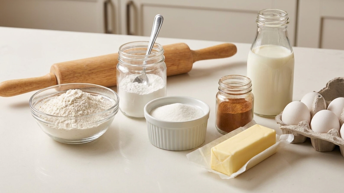 Flour, baking powder, sugar, cinnamon, butter, milk, and eggs arranged on a clean kitchen counter with a rolling pin nearby
