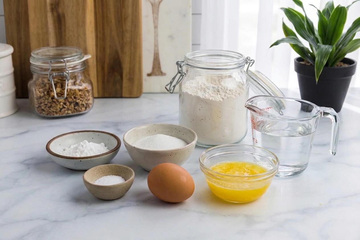 Flour, baking powder, sugar, salt, an egg, a small bowl of melted butter, and a measuring cup of water arranged on a clean kitchen counter