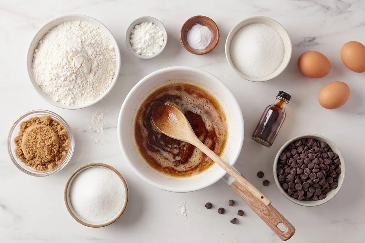 Flour, baking soda, cornstarch, brown sugar, white sugar, eggs, vanilla, chocolate chips, and a bowl of browned butter arranged together for baking